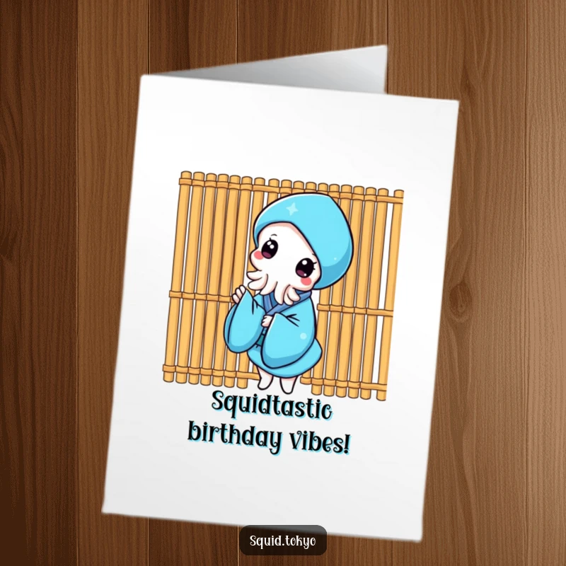 Funny Free Printable Birthday Card: Kawaii squid in blue kimono peeking from behind bamboo, playful surprise.