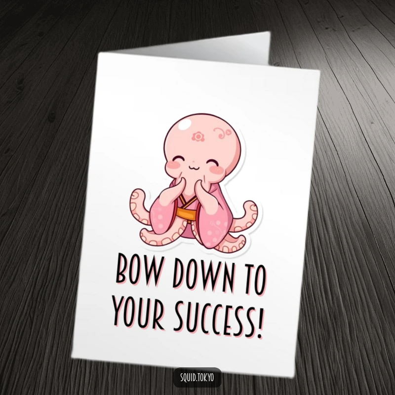 Funny Free Printable Congrats Card: Happy Kawaii octopus in pink kimono bowing elegantly, celebrating success.