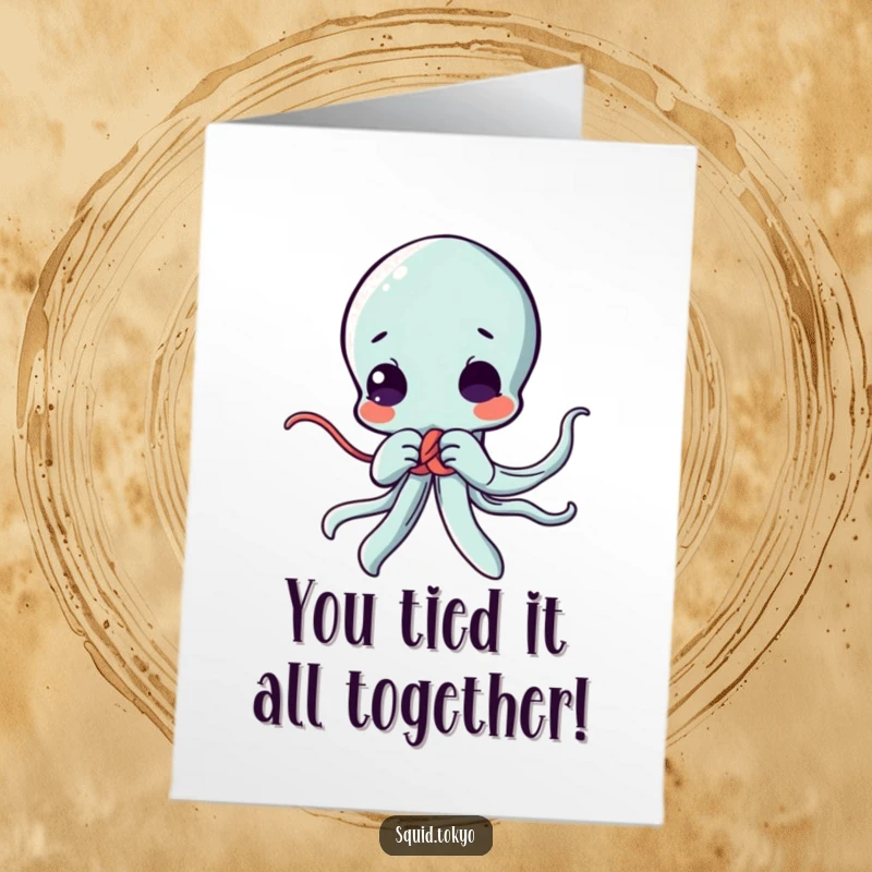Funny Free Printable Congratulations Card showing a focused Kawaii squid character struggling playfully to tie a tricky decorative knot.