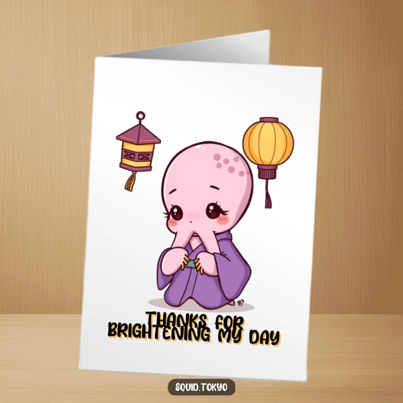 Funny Free Printable Thank You Card: Kawaii octopus in purple kimono looking at a paper lantern, expressing thanks.