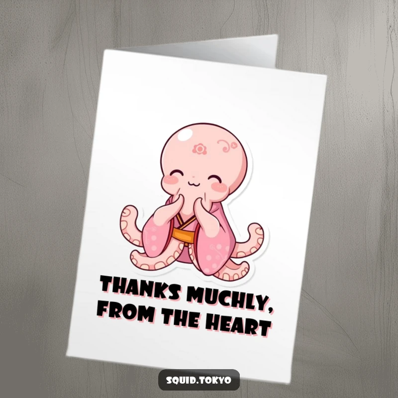 Funny Free Printable Thank You Card: Happy Kawaii octopus in pink kimono bowing gracefully, giving thanks.