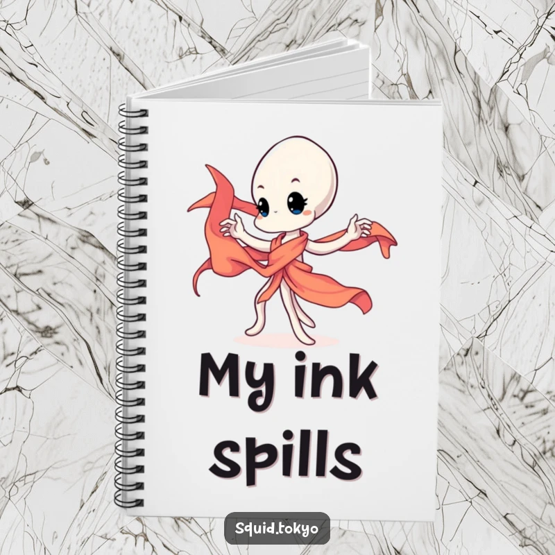 Funny Kawaii squid character twirling a vibrant silk sash on a notebook, ideal for artistic journaling.