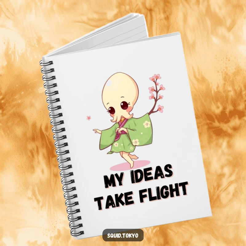 Funny Kawaii Squid Notebook: Cute squid in a green kimono attempting a pirouette, perfect for journaling dance ideas.