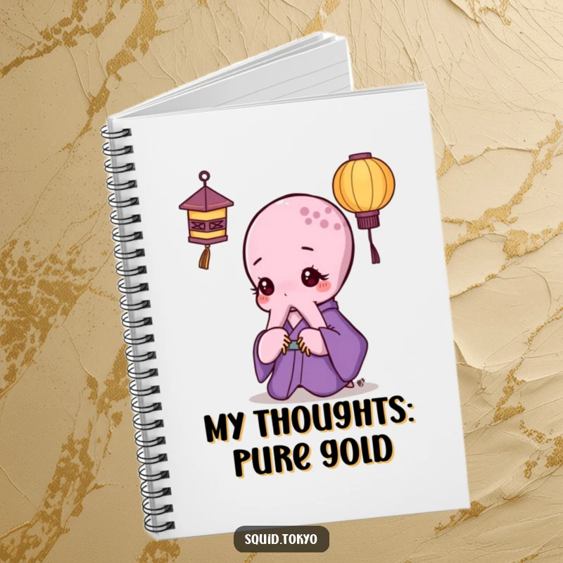 Funny Kawaii Octopus Notebook: Cute octopus in a purple kimono thoughtfully looking at a paper lantern, perfect for journaling.