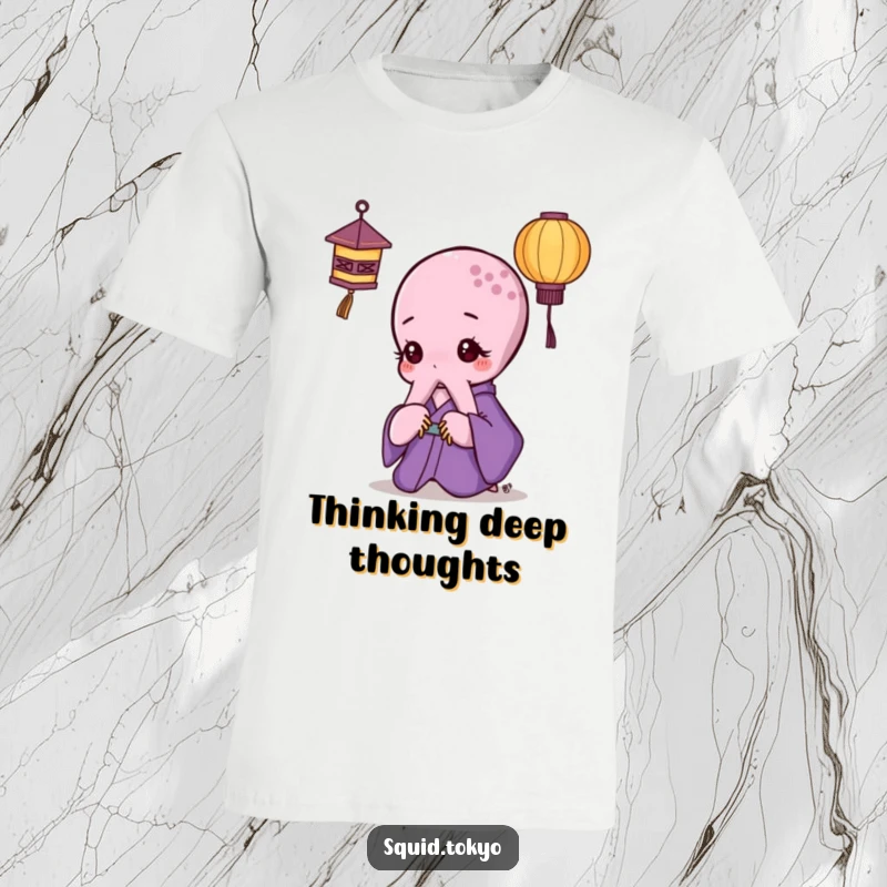 Funny Kawaii Octopus T-Shirt: Adorable octopus in a purple kimono thoughtfully observing a paper lantern, intriguing and humorous.
