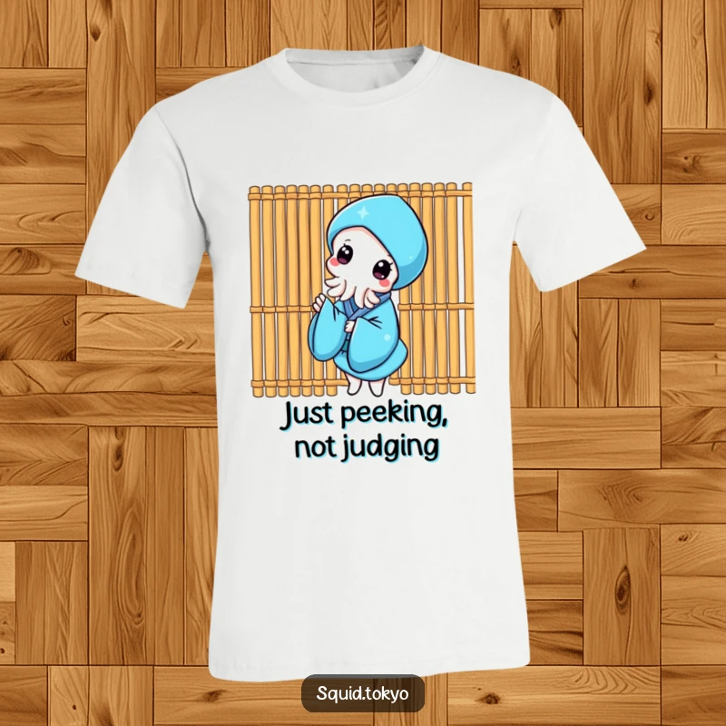 Funny Kawaii Squid T-Shirt: Adorable squid in a blue kimono peeking from behind a bamboo screen, humorous and cute.