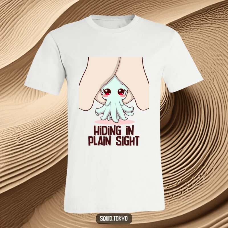 Funny Kawaii squid t-shirt, peeking playfully from behind flowing sleeves, displaying a shy yet mischievous personality, perfect for anime fans.