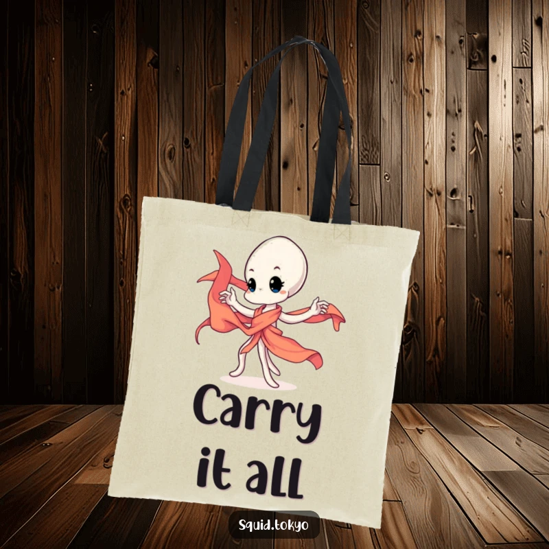 Funny Kawaii squid character twirling a vibrant silk sash on a tote bag, a stylish and humorous accessory.