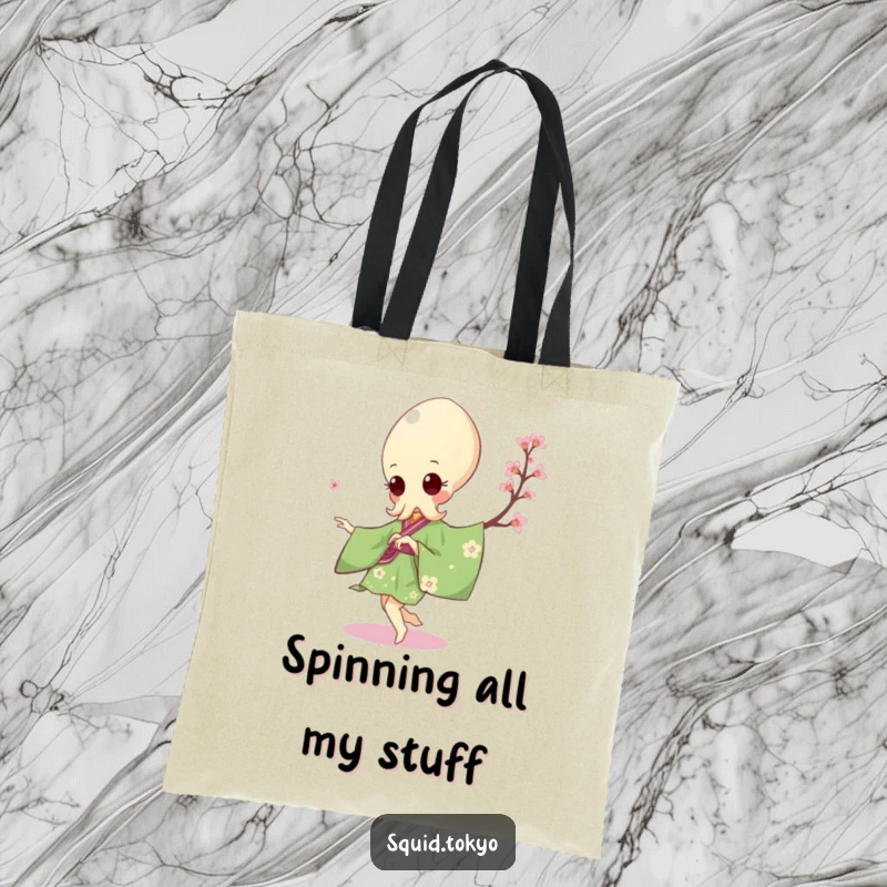Funny Kawaii Squid Tote Bag: Adorable squid in a green kimono performing a pirouette, perfect for carrying dance gear.